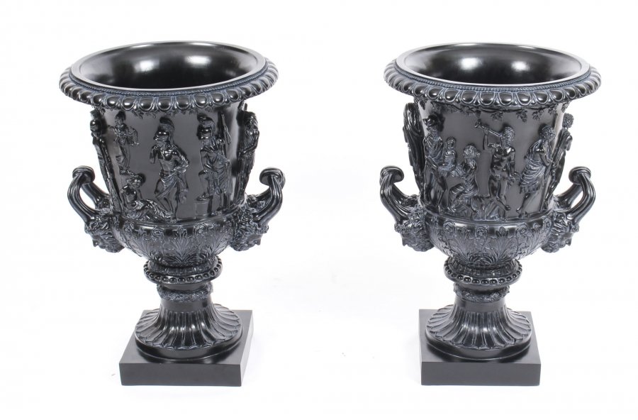 Beautifully sculpted 2ft Pair of Composite Marble Campana Urns Vases Late 20th C | Ref. no. 09816g pair | Regent Antiques